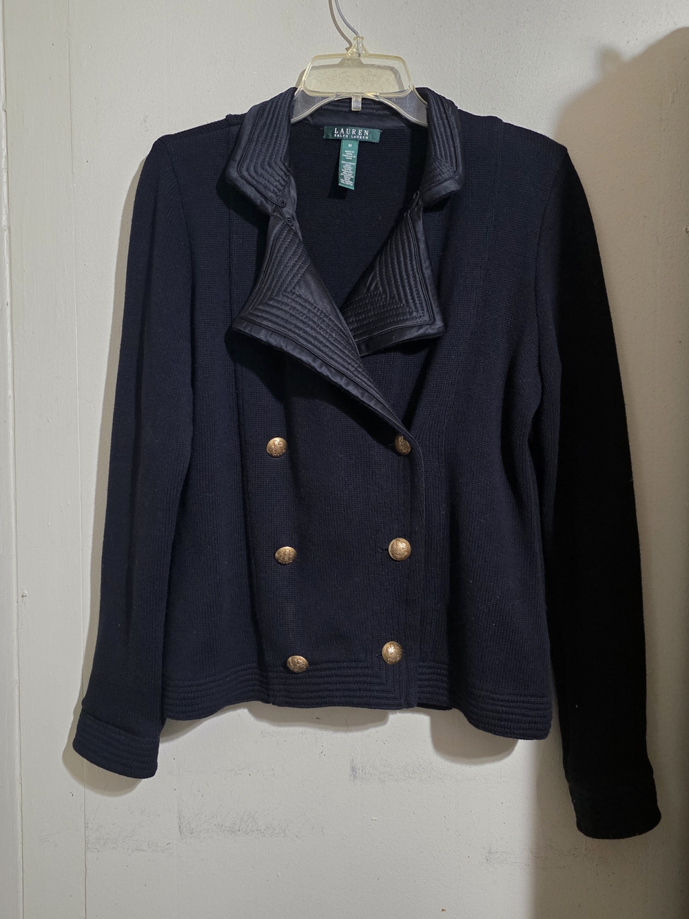 Lauren Ralph Lauren Black 100% Cotton Knit Double Breasted Blazer Quilted Lapel
